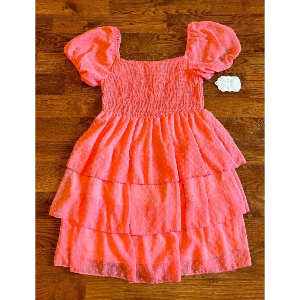 Altar’d State Coral Puff Sleeve Clip Dot Ruffle Layered Dress Size Large NWT
